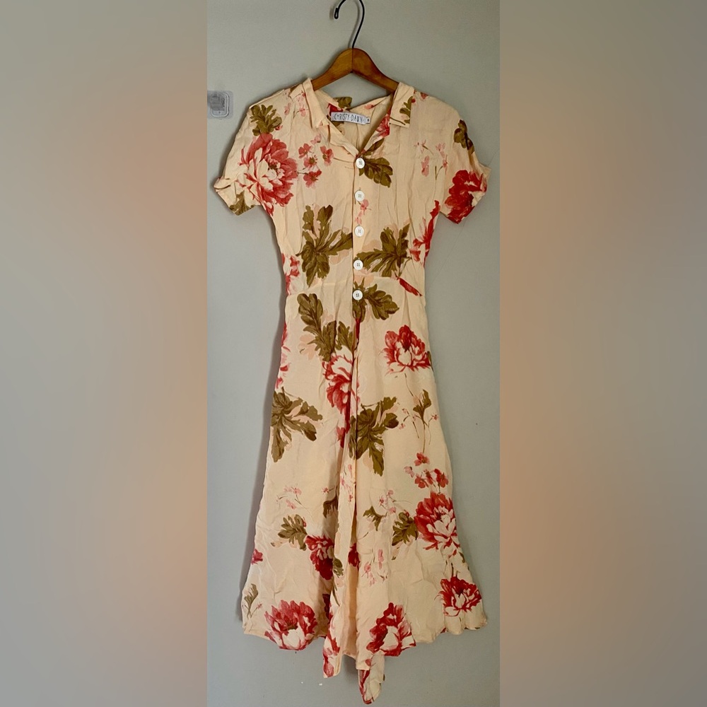 Christy Dawn Piper Dress Peach Floral Cottagecore Midi Button Front Small